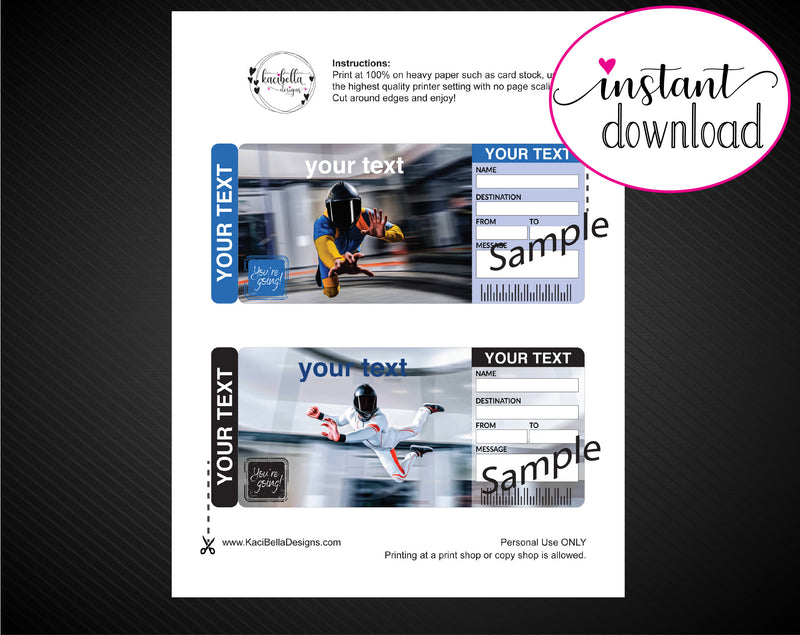 Printable iFLY or Sky Diving Surprise Gift Reveal Ticket - Kaci Bella Designs