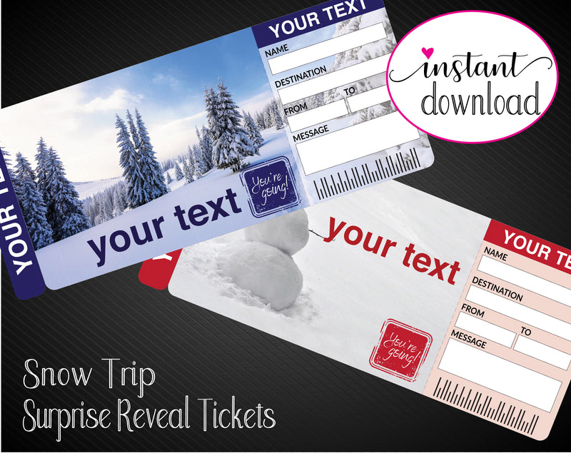 Printable Snow Trip Surprise Gift Reveal Ticket - Kaci Bella Designs