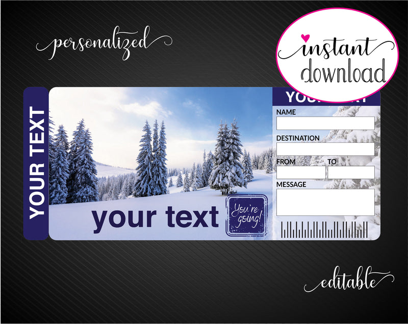 Printable Snow Trip Surprise Gift Reveal Ticket - Kaci Bella Designs