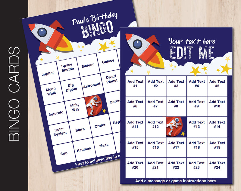 Space Themed Bingo Cards with All Editable Text - Kaci Bella Designs