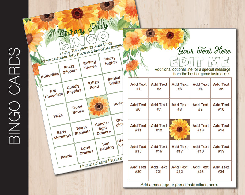 Sunflower Themed Bingo Cards with All Editable Text