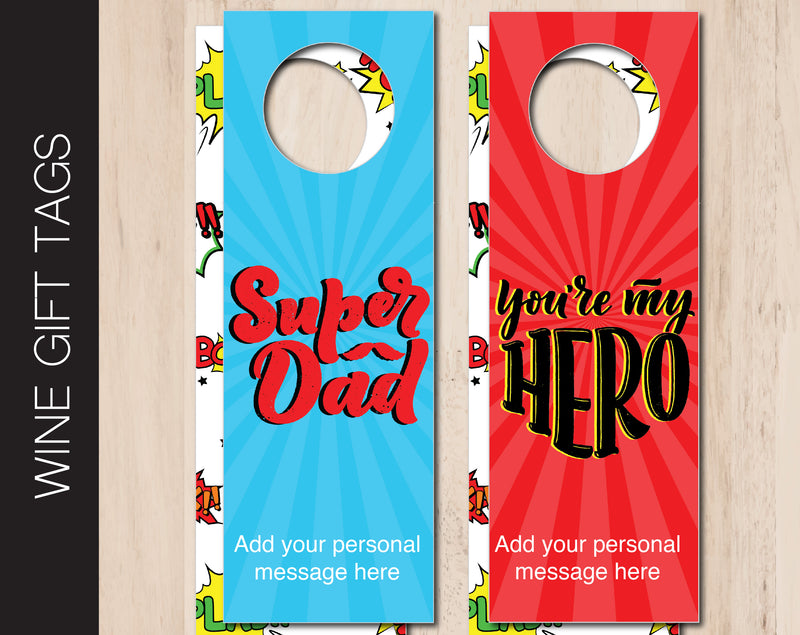 Printable Super Dad Personalized Double-Sided Wine Bottle Gift Tags - Kaci Bella Designs