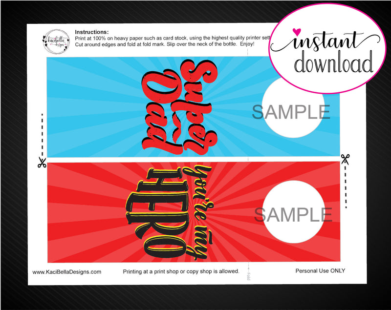 Printable Super Dad Personalized Double-Sided Wine Bottle Gift Tags - Kaci Bella Designs