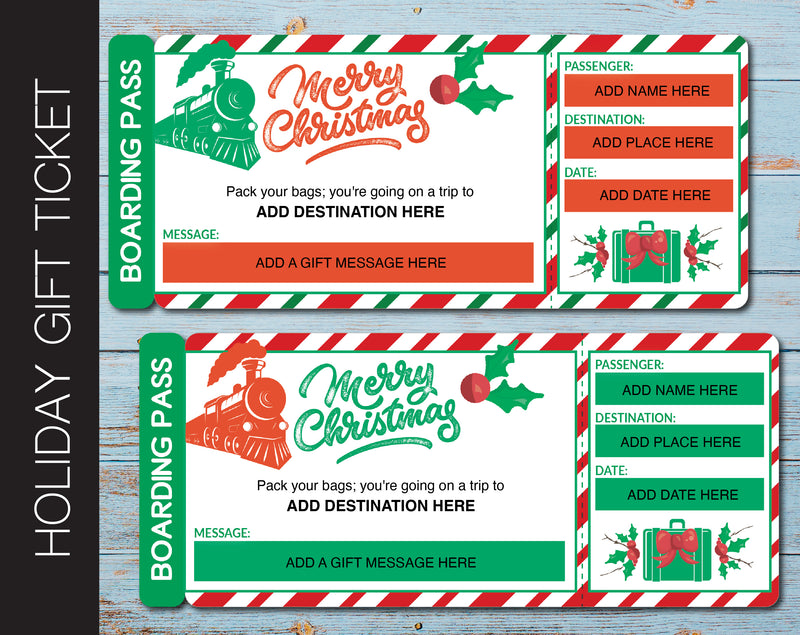 Holiday Themed Surprise Train Trip Gift Reveal Boarding Pass - Kaci Bella Designs