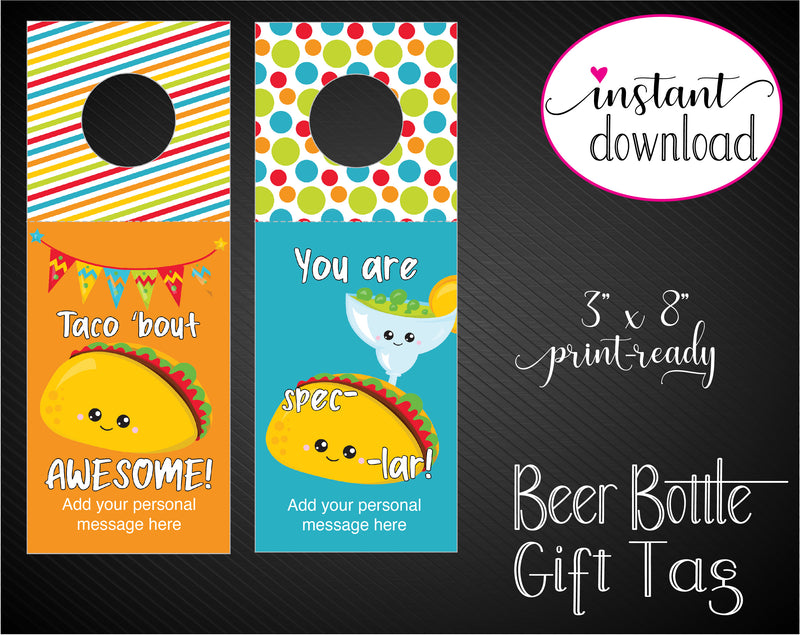 Printable Taco Themed Beer Bottle Personalized Gift Tags - Kaci Bella Designs