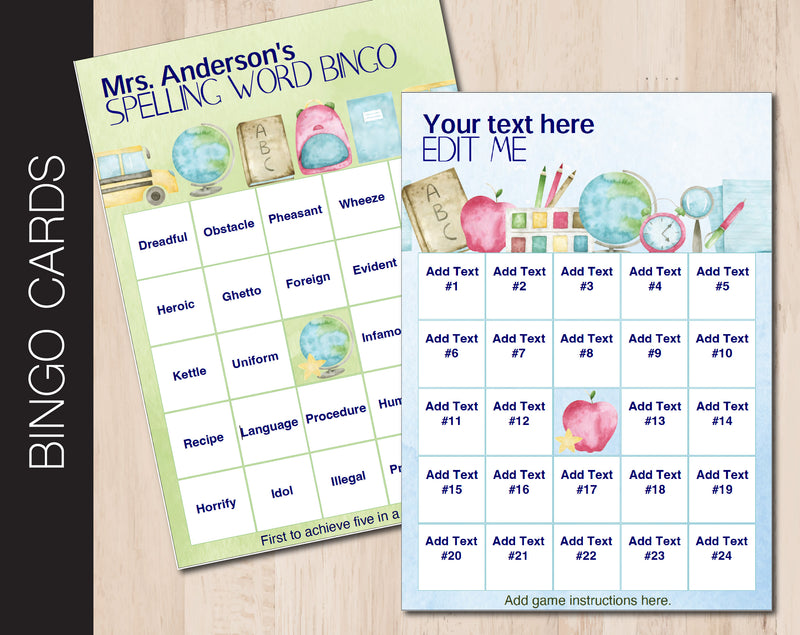 School Themed Bingo Cards with All Editable Text - Kaci Bella Designs