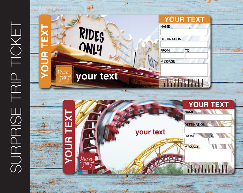 Printable Theme Park or Fair Surprise Gift Reveal Ticket - Kaci Bella Designs