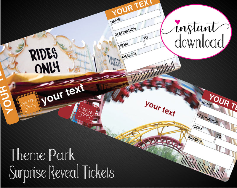 Printable Theme Park or Fair Surprise Gift Reveal Ticket - Kaci Bella Designs