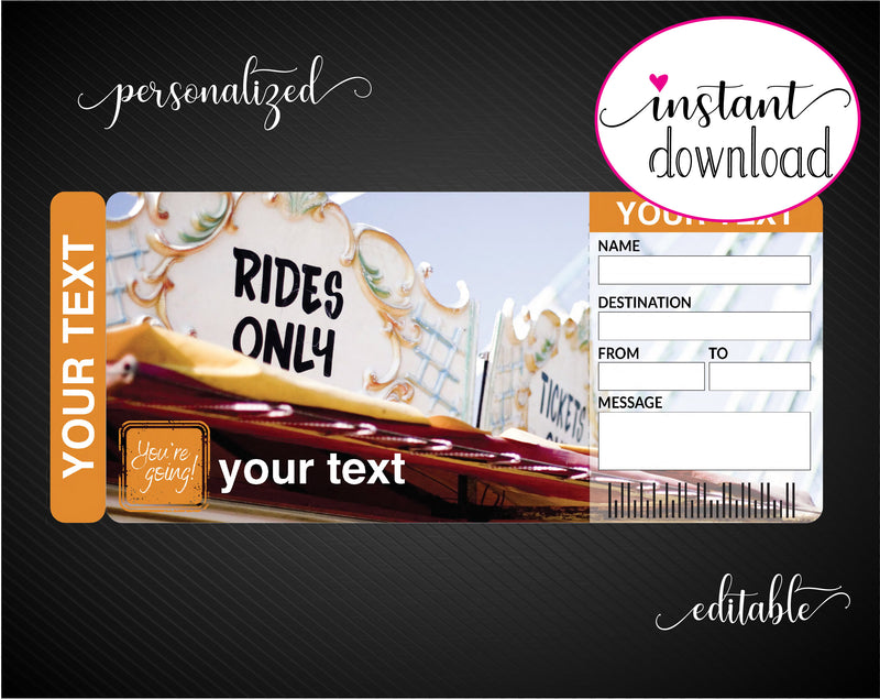 Printable Theme Park or Fair Surprise Gift Reveal Ticket - Kaci Bella Designs