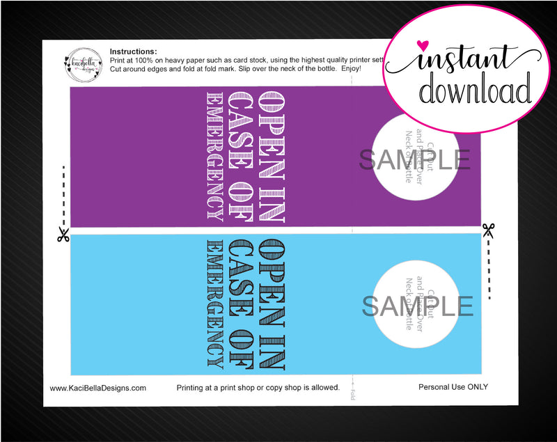 Printable Open In Case of Emergency Personalized Wine Gift Tags - Kaci Bella Designs