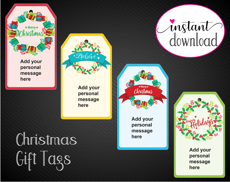 Printable Christmas Wreath Gift Tags - Kaci Bella Designs