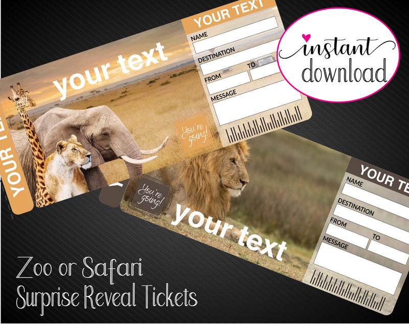 Printable Zoo or Safari Park Surprise Gift Reveal Ticket - Kaci Bella Designs