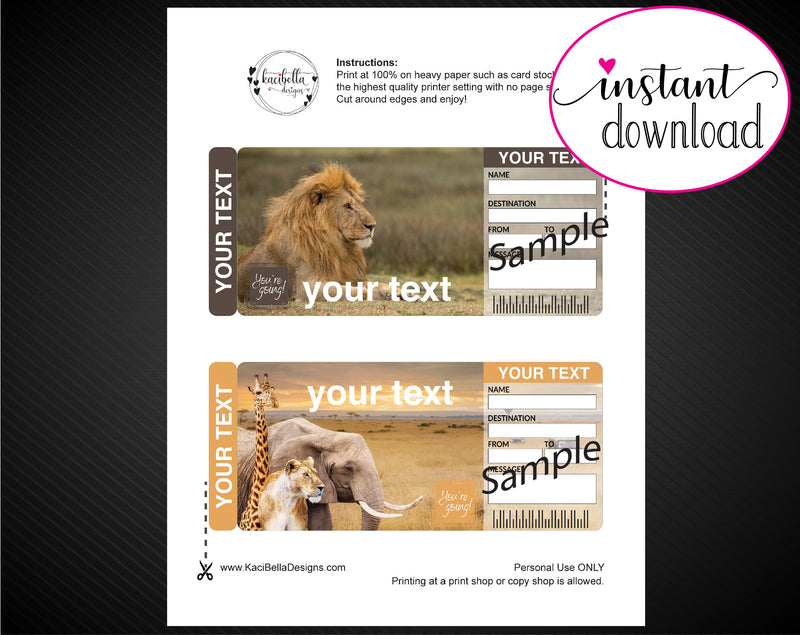 Printable Zoo or Safari Park Surprise Gift Reveal Ticket - Kaci Bella Designs