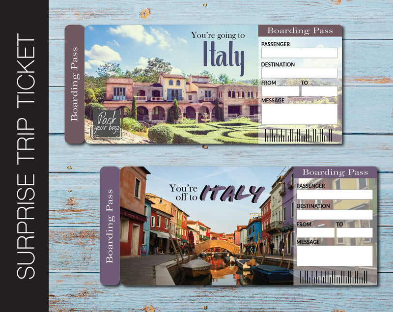 Printable Italy Surprise Trip Gift Ticket - Kaci Bella Designs