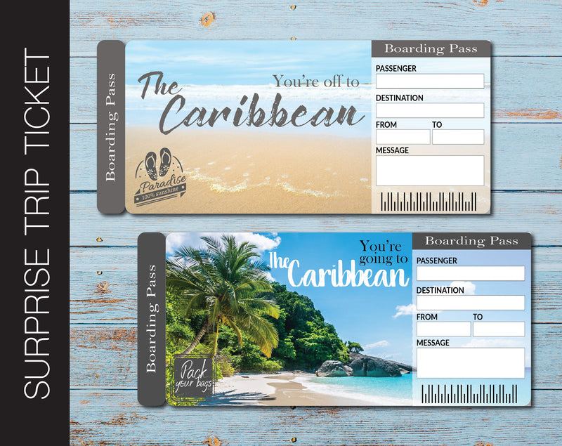 Printable Caribbean Surprise Trip Gift Ticket - Kaci Bella Designs