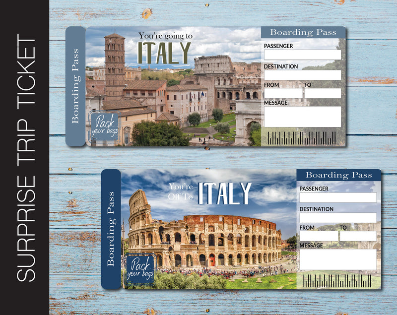 Printable Italy Surprise Trip Gift Ticket - Kaci Bella Designs