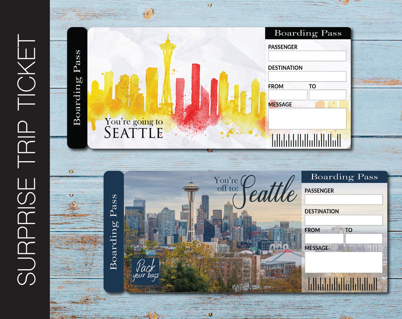 Printable Seattle Surprise Trip Gift Ticket - Kaci Bella Designs