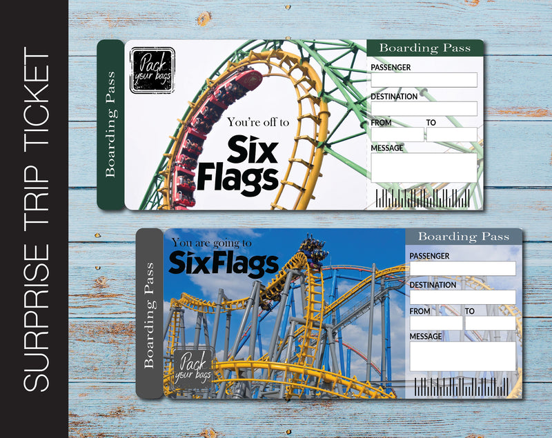 Printable Six Flags Surprise Trip Gift Ticket - Kaci Bella Designs