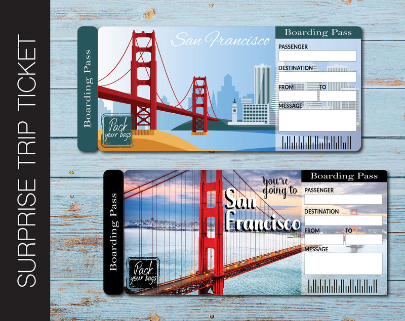 Printable San Francisco Surprise Trip Gift Ticket - Kaci Bella Designs