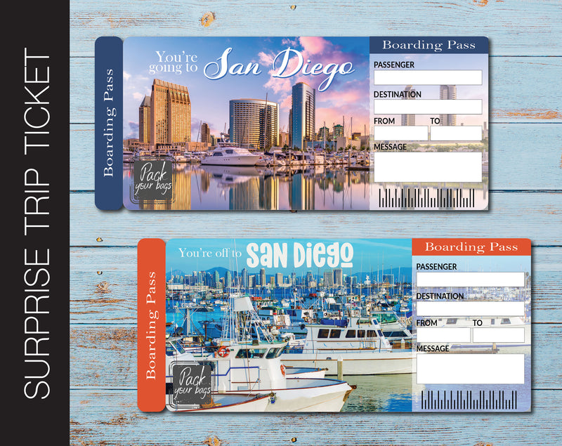 Printable San Diego Surprise Trip Gift Ticket - Kaci Bella Designs