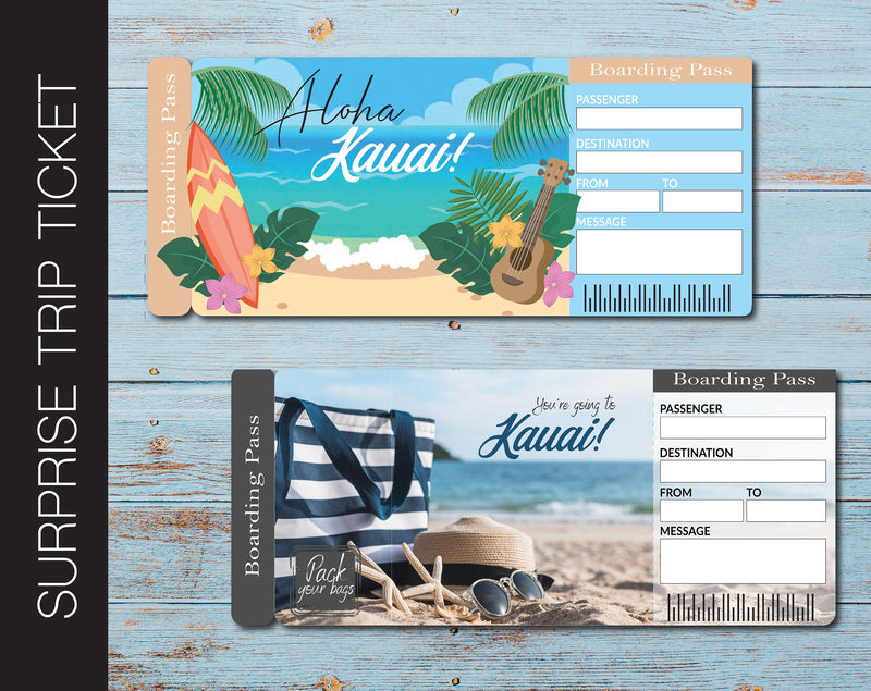 Printable Kauai Surprise Trip Gift Ticket - Kaci Bella Designs
