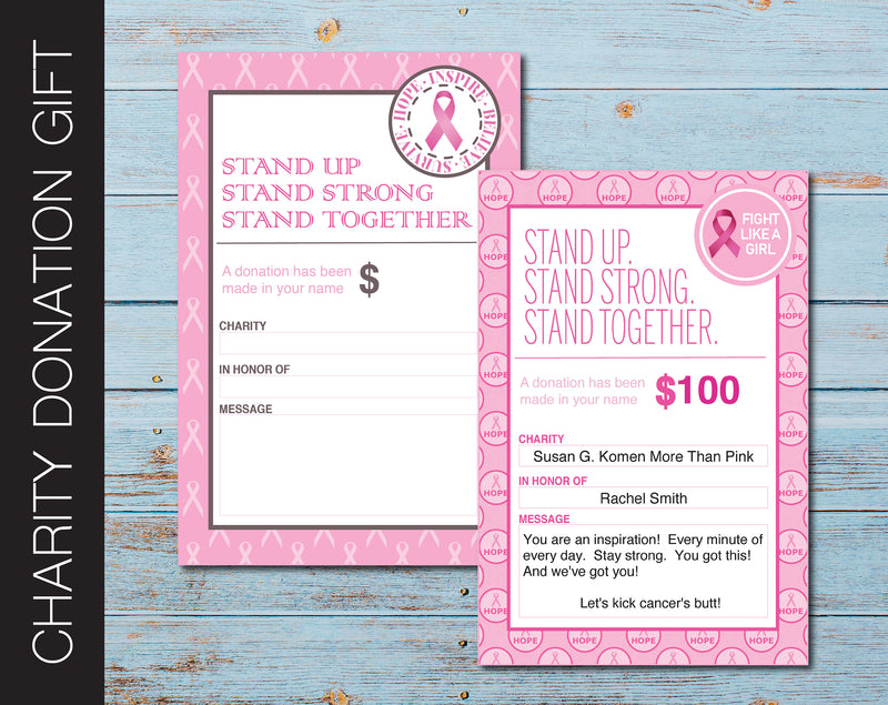 Printable Breast Cancer Charity Donation Gift Card - Kaci Bella Designs