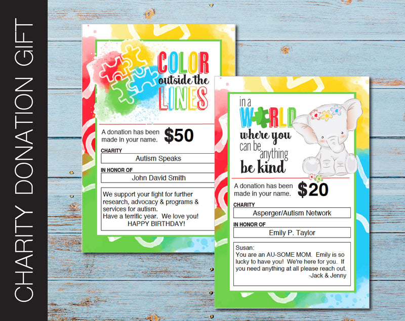 Printable Autism Charity Donation Gift Card - Kaci Bella Designs