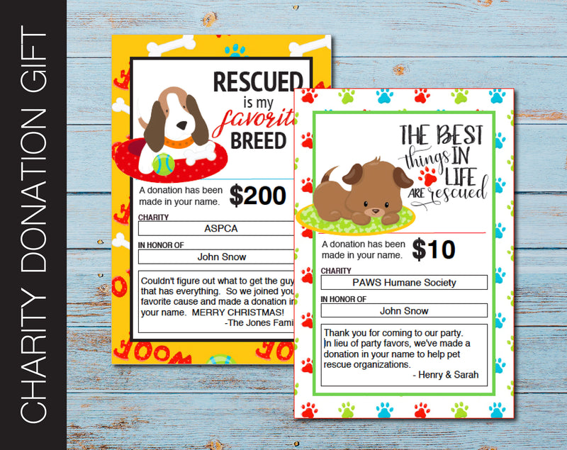 Printable Pet Rescue Charity Donation Gift Card - Kaci Bella Designs