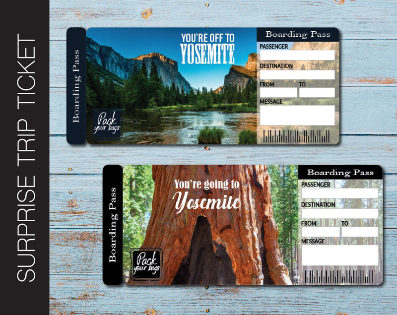 Printable Yosemite Surprise Trip Gift Ticket - Kaci Bella Designs