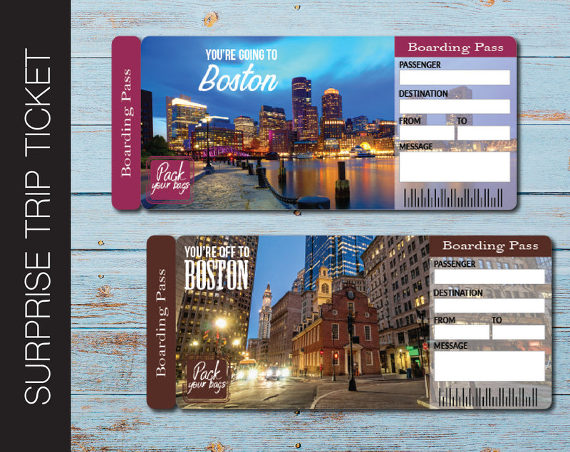 Printable Boston Surprise Trip Gift Ticket - Kaci Bella Designs
