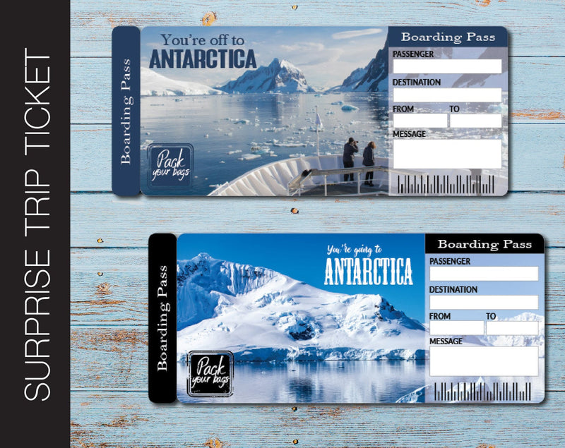 Printable Antarctica Surprise Trip Gift Ticket - Kaci Bella Designs