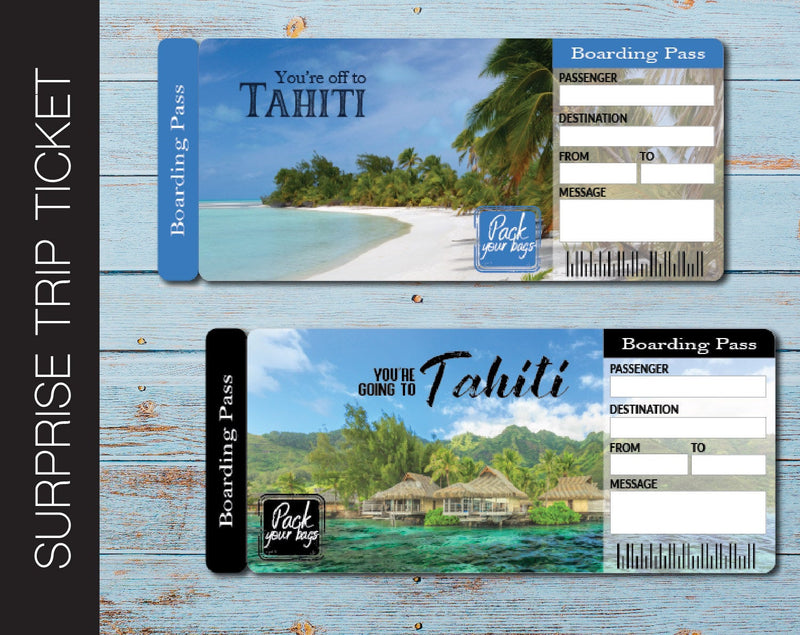Printable Tahiti Surprise Trip Gift Boarding Pass - Kaci Bella Designs