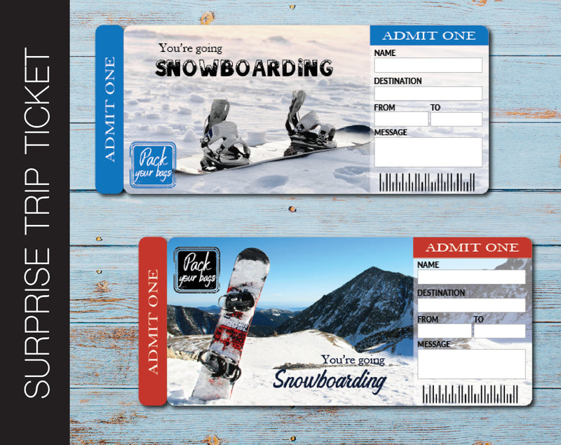Printable Snowboarding Surprise Trip Gift Ticket - Kaci Bella Designs