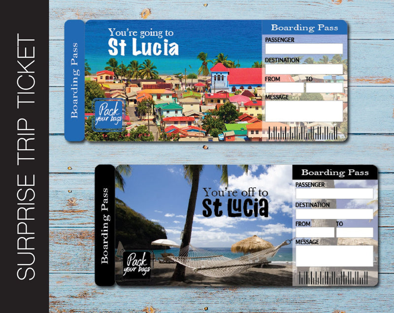 Printable St. Lucia Surprise Trip Gift Ticket - Kaci Bella Designs