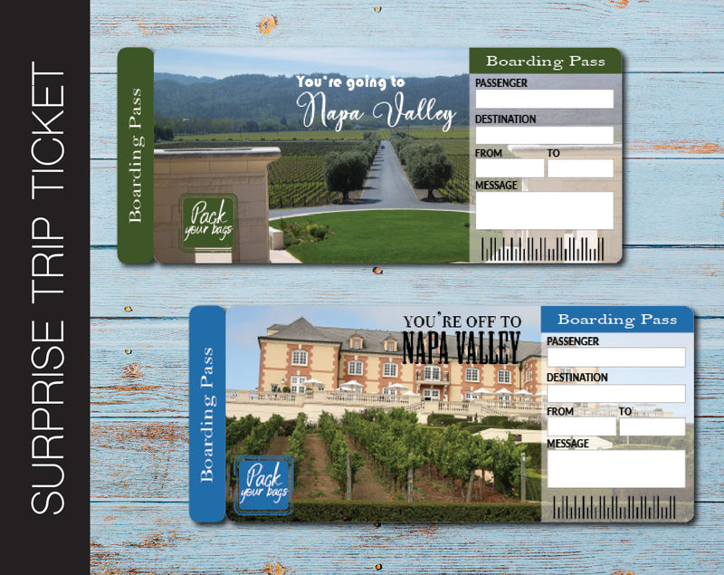 Printable Napa Valley Surprise Trip Gift Ticket - Kaci Bella Designs