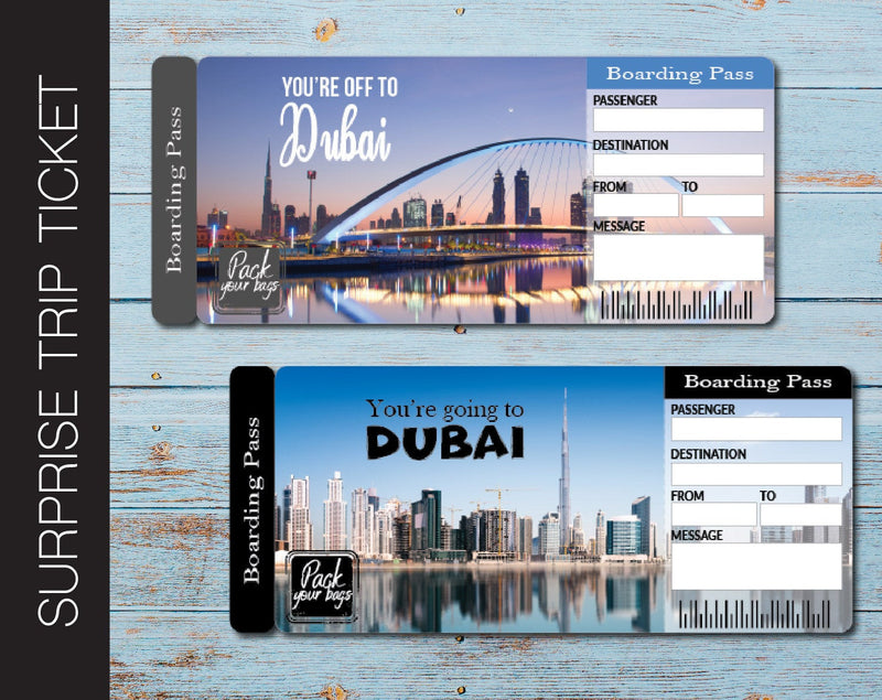 Printable Dubai Surprise Trip Gift Boarding Pass - Kaci Bella Designs