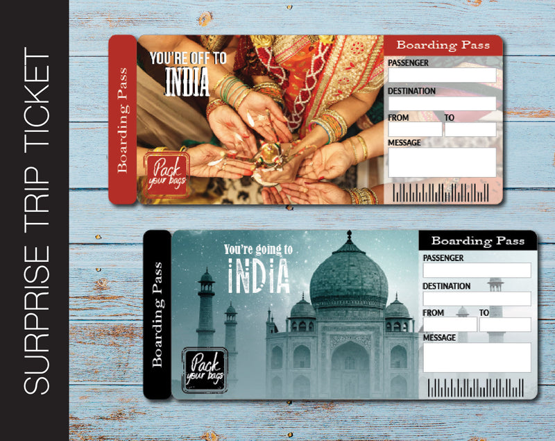 Printable India Surprise Trip Gift Boarding Pass - Kaci Bella Designs
