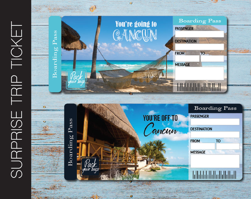 Printable Cancun Surprise Trip Gift Ticket - Kaci Bella Designs