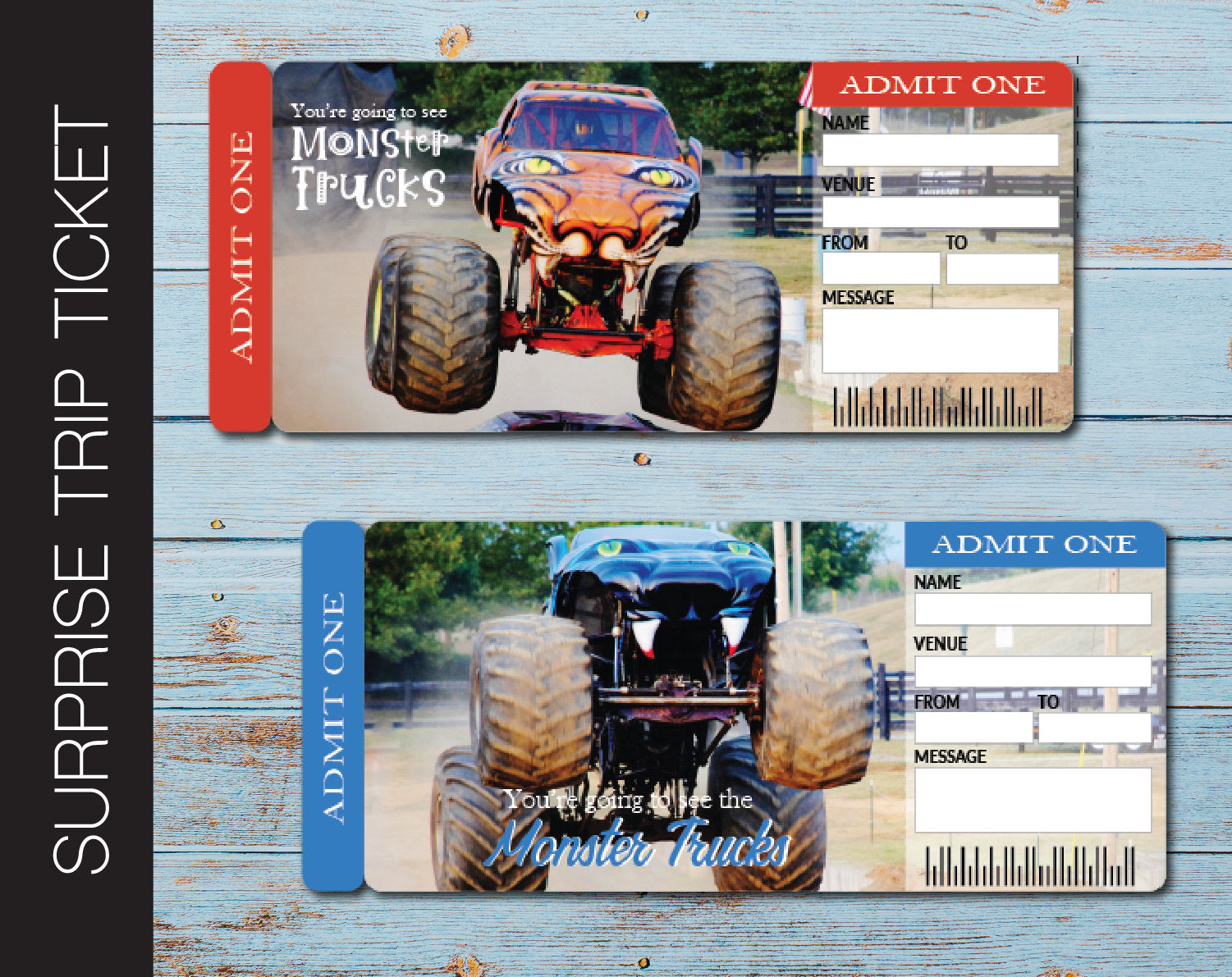 Printable Monster Trucks Surprise Trip Gift Admission Card - Kaci Bella Designs for Free Monster Truck Party Printables