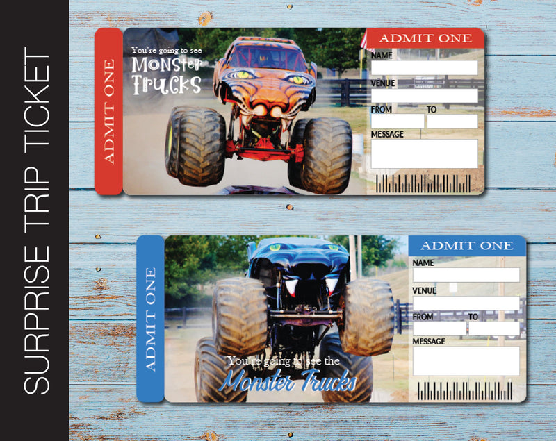 Printable Monster Trucks Surprise Trip Gift Admission Card - Kaci Bella Designs