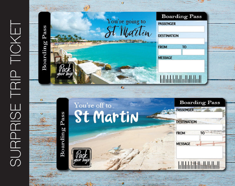 Printable St. Martin Surprise Trip Gift Ticket - Kaci Bella Designs