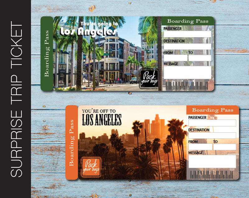 Printable Los Angeles Surprise Trip Gift Boarding Pass - Kaci Bella Designs